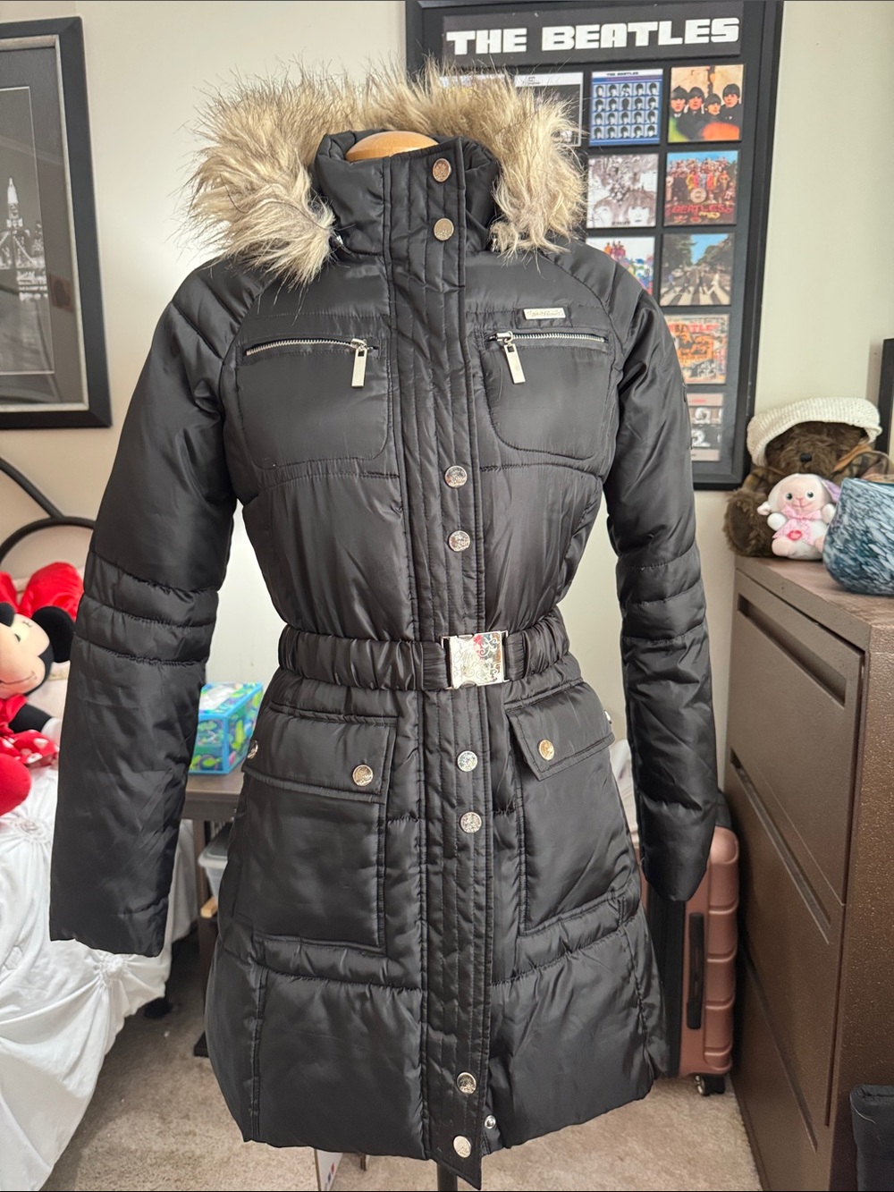 Apple Bottoms Black Faux-Fur Trim Belted Puffer Coat